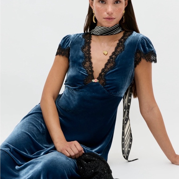 RIXO London Clarice Velvet Lace Trim Maxi Dress in Steel Blue - Picture 4 of 14